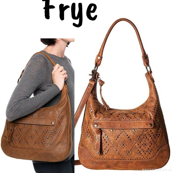 Frye Melissa Studded Large Zip Hobo Leather Handbag, Slate - Picture 1 of 8